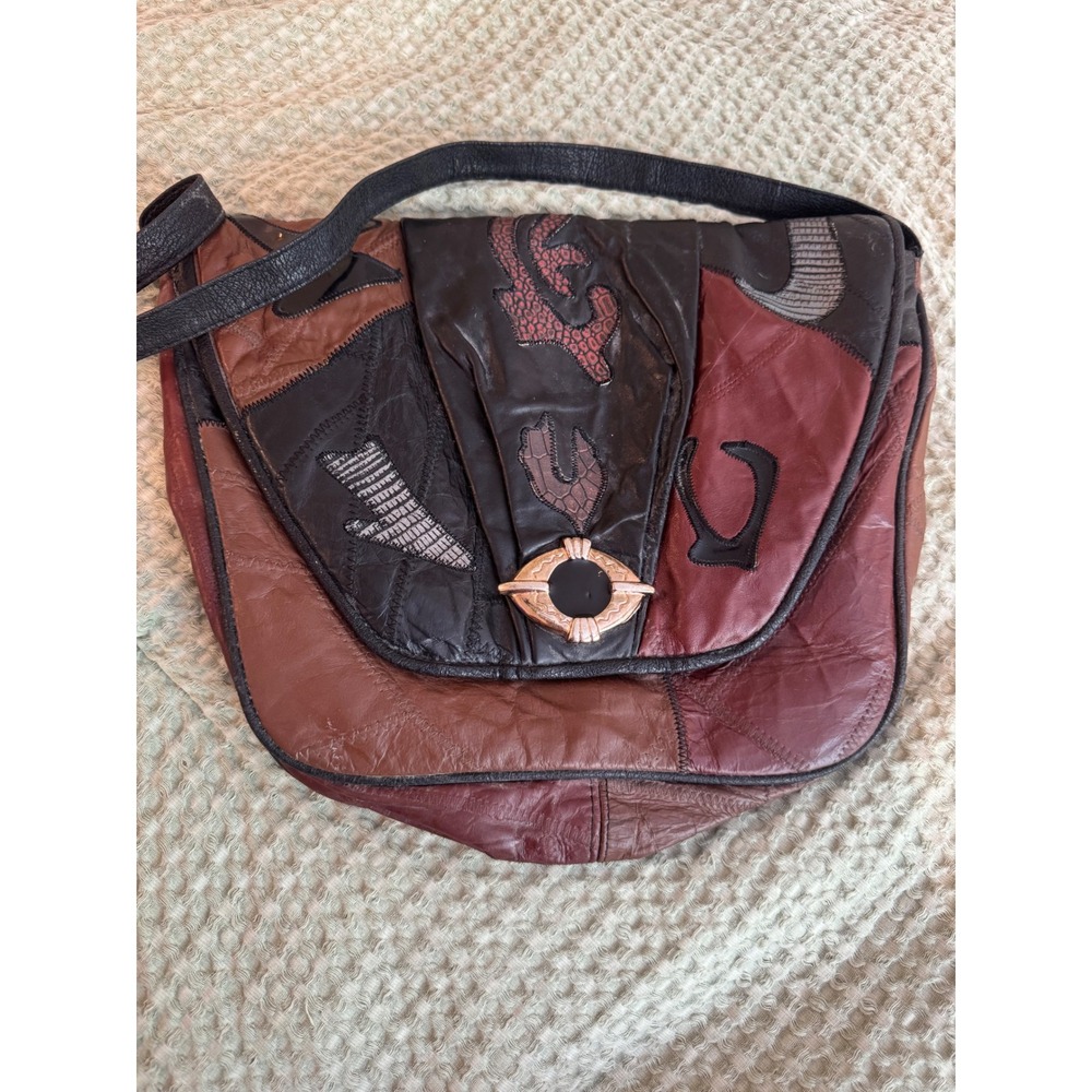 Vintage Sharif Patchwork Leather Crossbody Bag Earth Tone Boho Gold Hardware